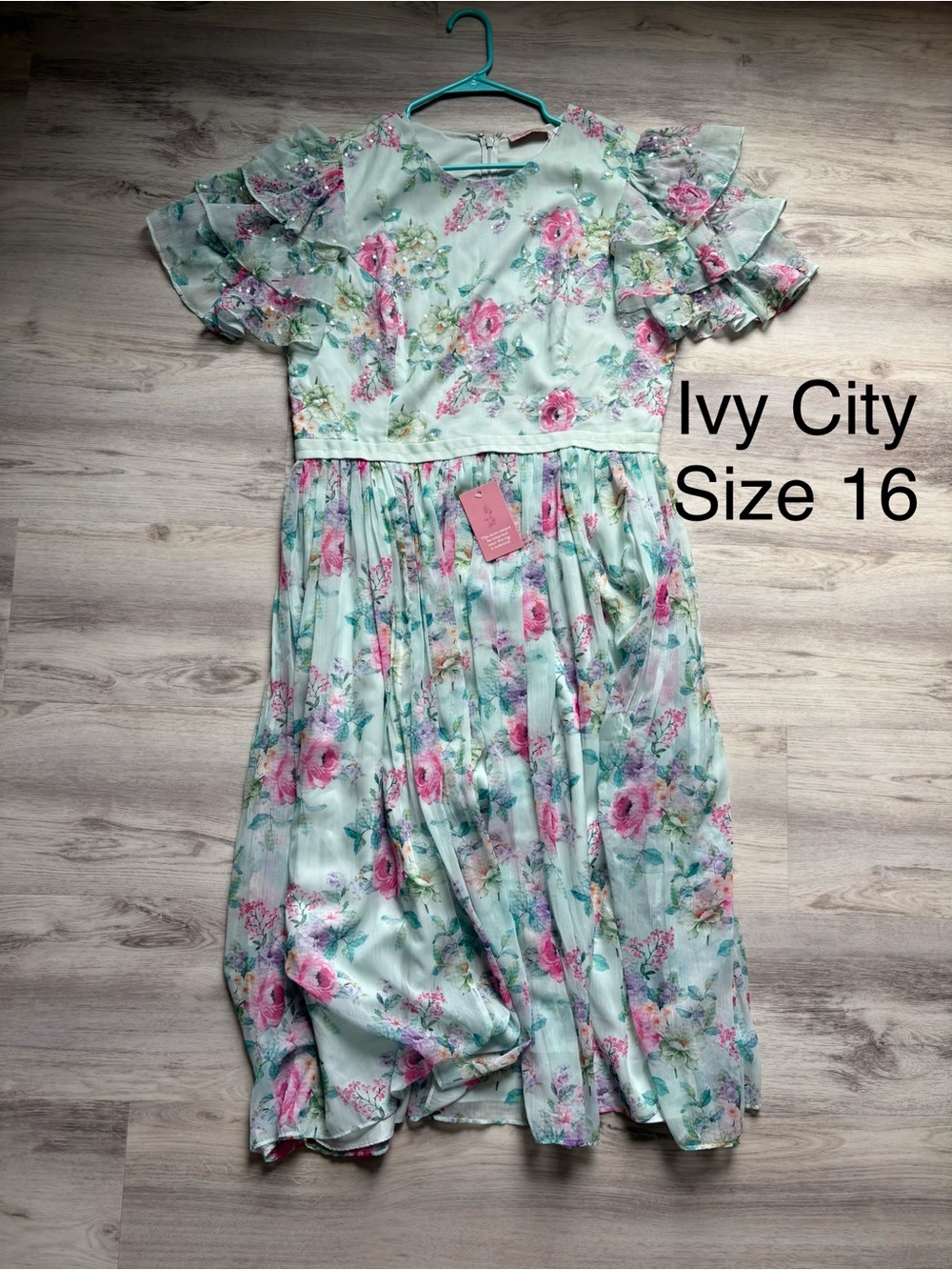 Ivy City Co Mint Floral Midi Dress with Pink Roses